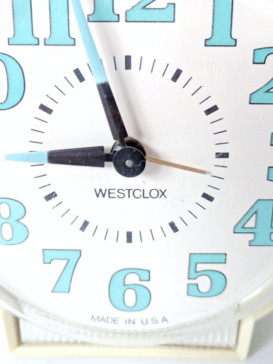 Image 1 of Vintage 1970s Westclox Alarm Clock | Cream and Turquoise, Made in USA