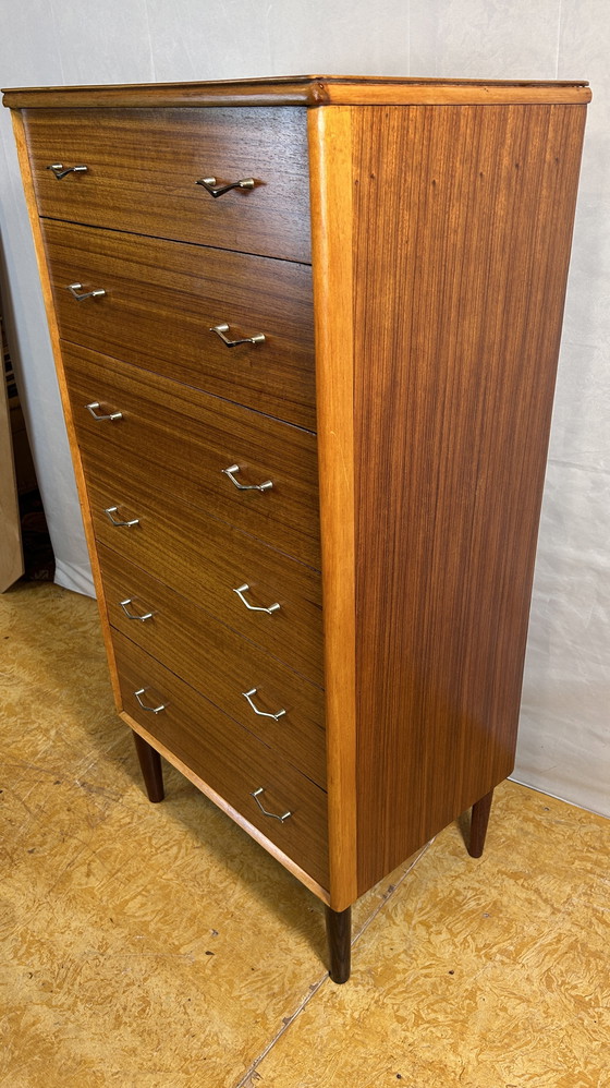 Image 1 of Mid-Century Retro Vintage Teak Chest of Drawers by Beeanese – 1960  Elegant English Craftsmanship | Six Spacious Drawers | Styli