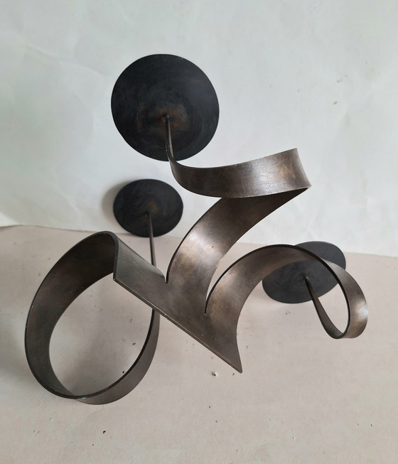 Image 1 of Ferart Canada Brutalist ijzeren 3 armige Pijler kandelaar. Uit één stuk. 