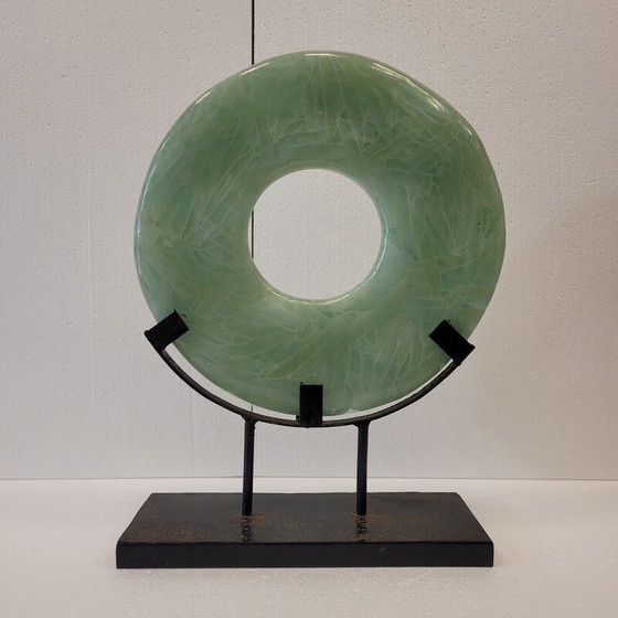 Image 1 of Vintage double disc sculpture in celadon-colored mineral, China