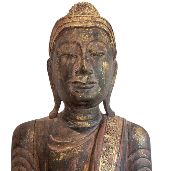 Antique Burmese Standing Buddha – Monumental Temple Statue in Teak Wood (166 cm) – Sculpture (photo 3 of 11)
