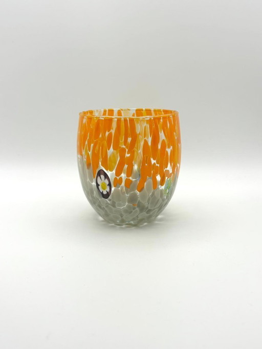 Set van 6 Venetiaanse glazen van geblazen glas met Murano-effect (murrine) in het glas verwerkt, handgemaakt in Italië.