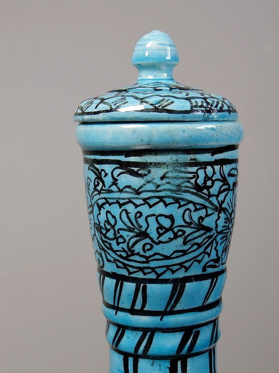 Image 1 of Covered vase or Persian jar, glazed Iznik pottery, turquoise painted, vintage
