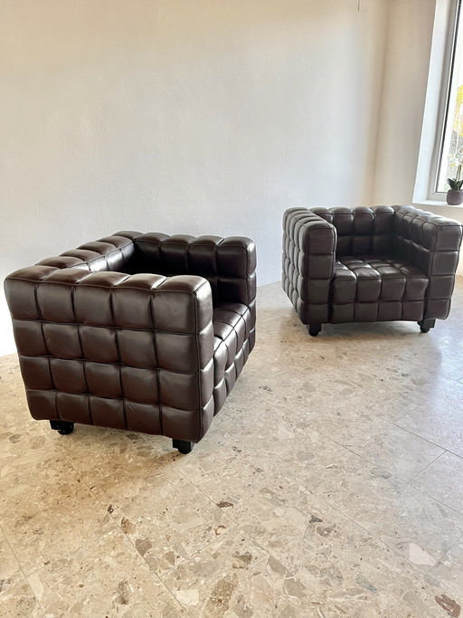 2 Kubus loungestoelen | Josef Hoffmann-stijl | Donkerbruin leer