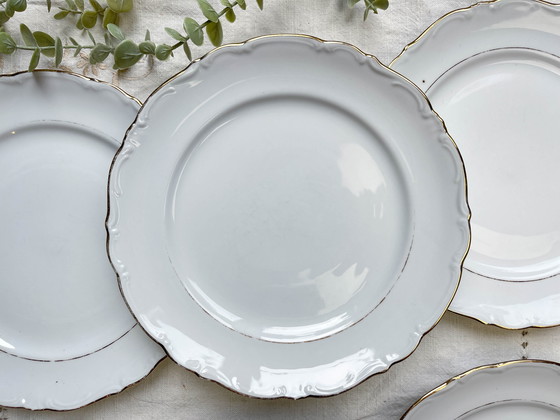 Image 1 of 6 piatti vintage in porcellana bianca e oro + 6 piccoli piatti Ridgway giacobini blu spaiati