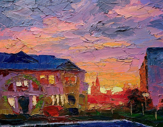Original Oil Painting Evening Landscape City Orange Sunset – Paintings & Drawings, Canvas (photo 4 of 7)