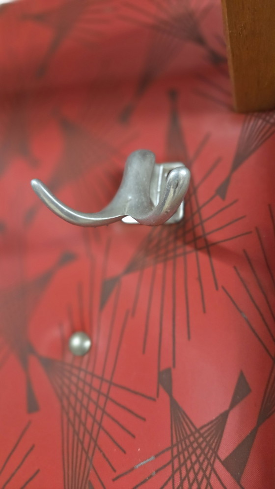 Image 1 of Vintage 1950s/60s Wall-Mounted Coat Rack – Red and Wood Rockabilly Design Cloakroom