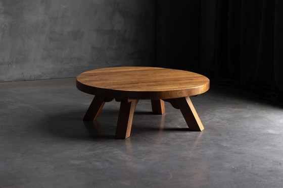 Image 1 of Brutalist Oak Round Coffee Table, France, 1950s