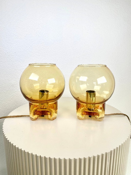 Pair of Vintage Warm Amber-Color Glass Lamps by Limburg Glas - 1970s German Design Lamps Set - Warm Tone Bedside Lighting