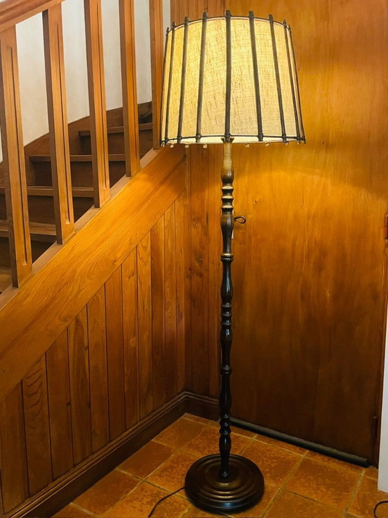 Image 1 of Mid-Century, Turned Wood, Bamboo Rattan Floor Lamp Circa 1950s