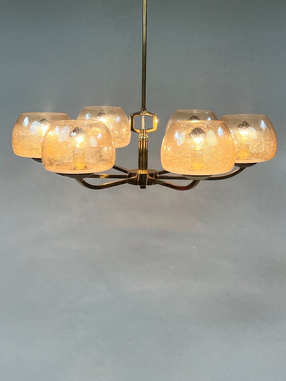Image 1 of Vintage Brass Chandelier/Pendant Lamp, 6 Arms, Amber Bubble Glass