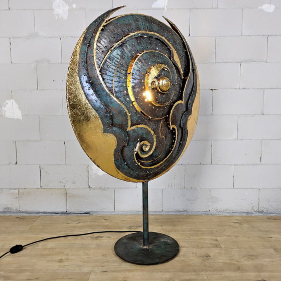 Image 1 of Unique large metal Thai art sculpture floor lamp with gold leaf accents / Chiang Mai / Chiang Rai Region