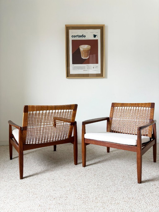 Paar Sessel 519 Hans Olsen Teak und Rattan 50's