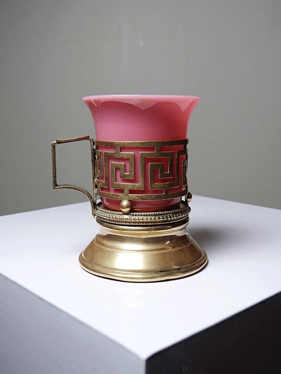 Antique pink opaline and gilded brass cup holder/candle holder, 19th century, Crystal, Glass (photo 6 of 14)