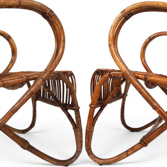 Image 1 of Frans paar vintage loungestoelen van rotan en bamboe, 1960