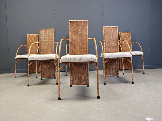 Image 1 of Vintage wicker high back dining chairs set of 6 - 1980s