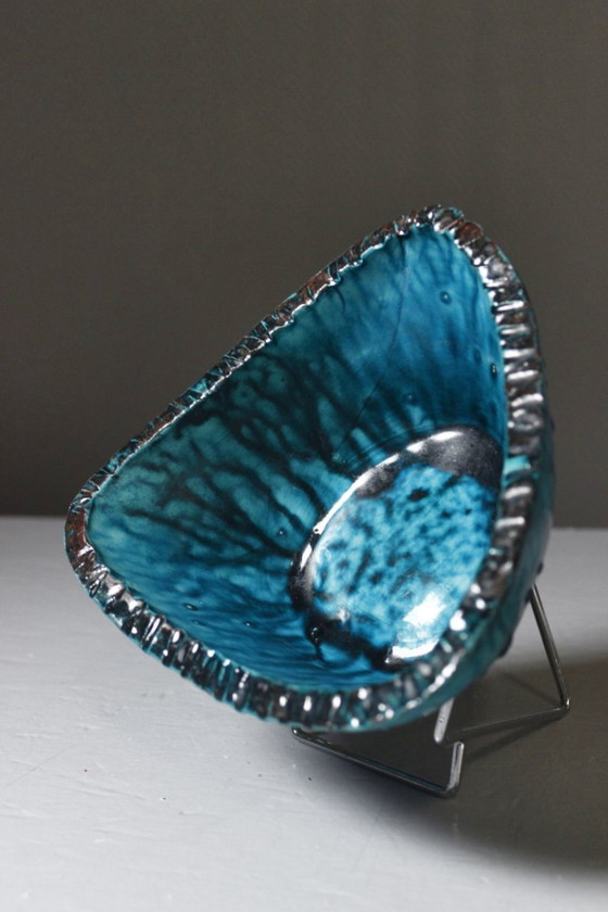 Image 1 of Accolay - Turquoise & black glazed ceramic fruit bowl, France, 1950s