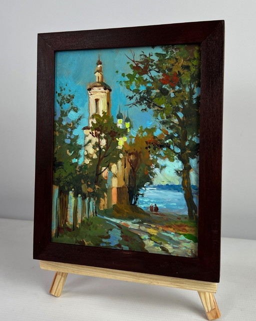 Original Oil Painting Summer Church Landscape Towers of the monastery