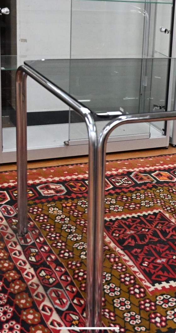 Image 1 of Vintage rectangular dining table with smoked glass and chrome