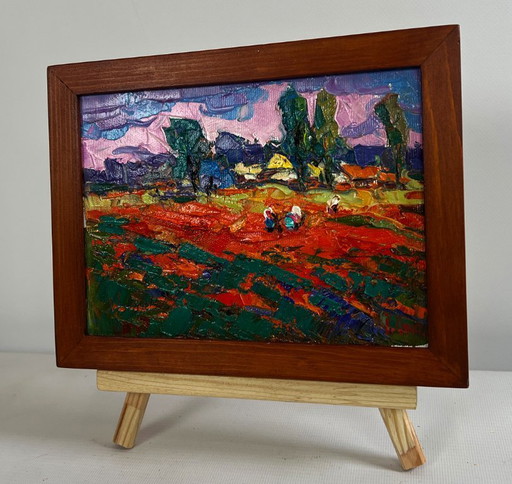 Original Oil Painting Summer Evening Landscape Buckwheat stubble