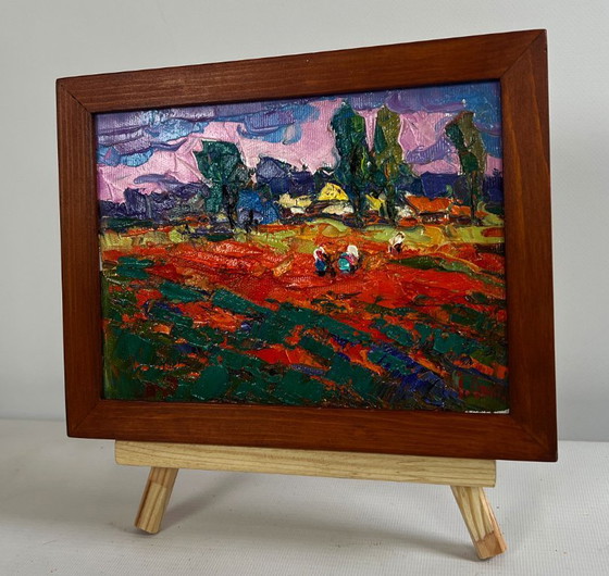 Image 1 of Original Oil Painting Summer Evening Landscape Buckwheat stubble