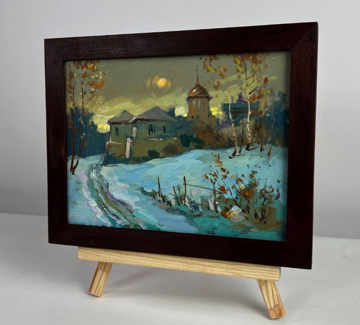 Original Oil Painting Evening Winter Landscape Sunset behind the village