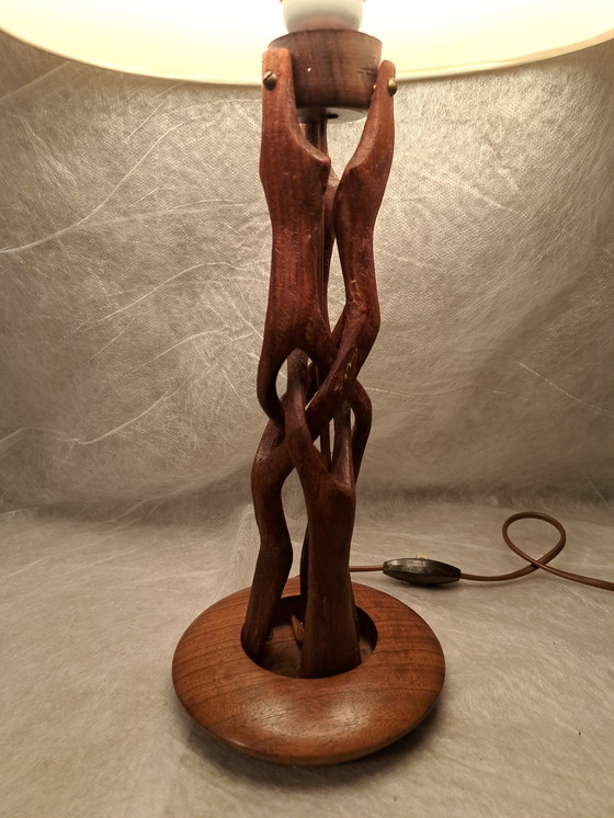 Image 1 of Mid-century hand-carved Scandinavian teak table lamp