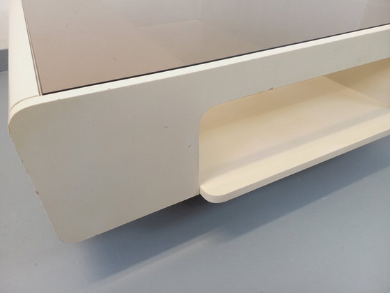 Image 1 of Vintage square coffee table in Space Age style, made of white wood and smoked glass, from the 1970s