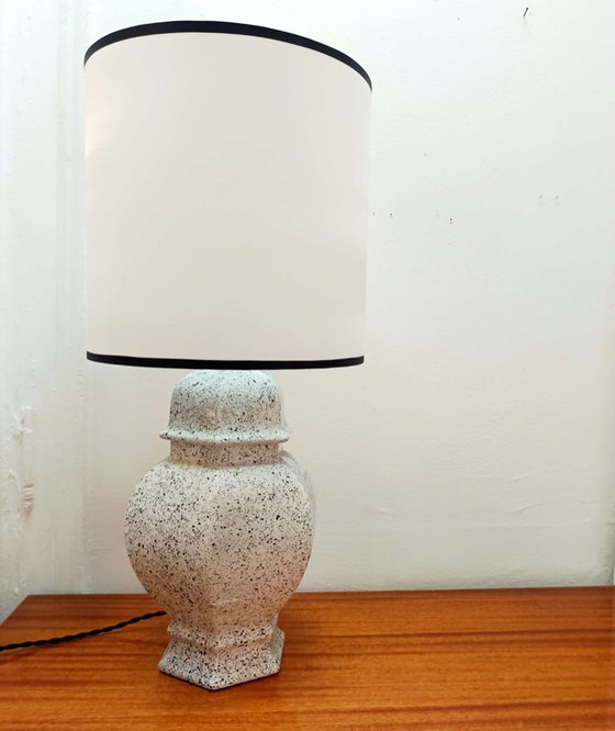 Vintage black and white ceramic lamp with satin lampshade, Table lamps, Textile (photo 2 of 11)