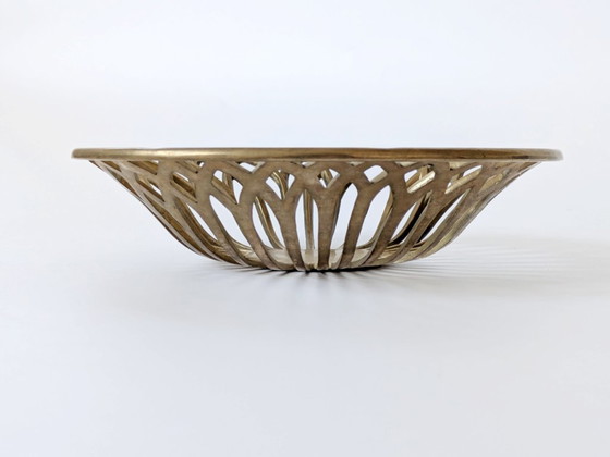 Image 1 of 1960s Midcentury Openwork Floral Decorative Bowl, Heavy Solid Brass Centerpiece