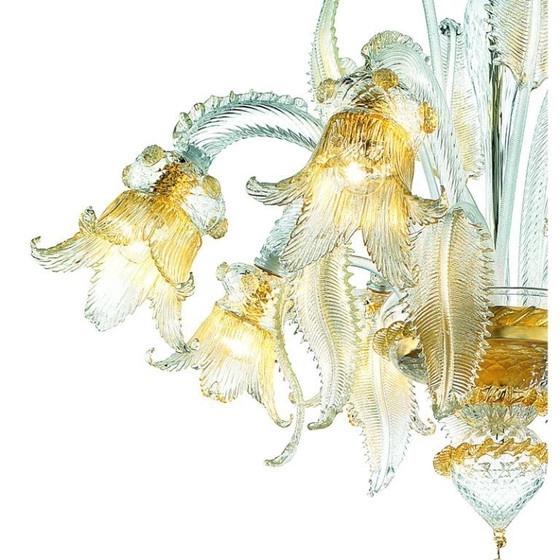 Image 1 of Aufwendig verzierter Kronleuchter aus klarem und vergoldetem Muranoglas mit Blumenmuster – Italienisches Design