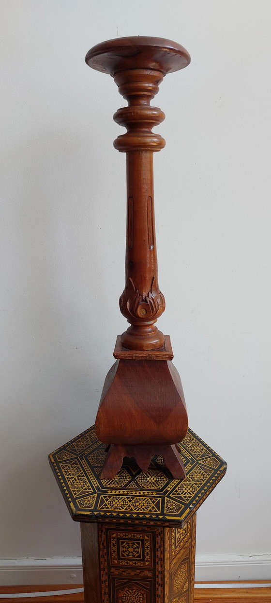Image 1 of Large Candlestick - Wood - Hand Carved Asia - - 1950-1960