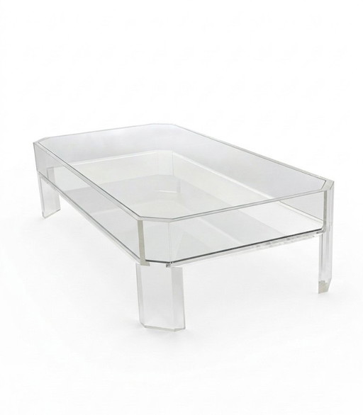 Table Basse Vintage en Plexiglas et Double Plateau en Verre - Signée Marc Micoud (Années 70/80)