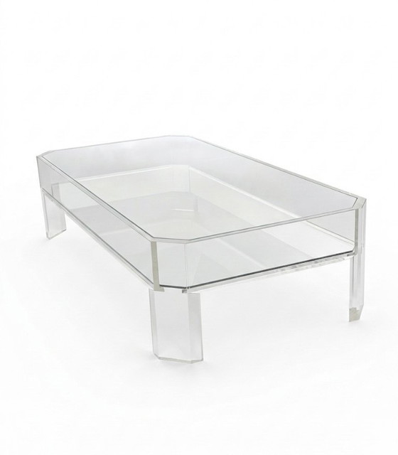 Image 1 of Table Basse Vintage en Plexiglas et Double Plateau en Verre - Signée Marc Micoud (Années 70/80)