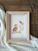Peinture aquarelle Souris avec Rouge-gorge | Avec cadre