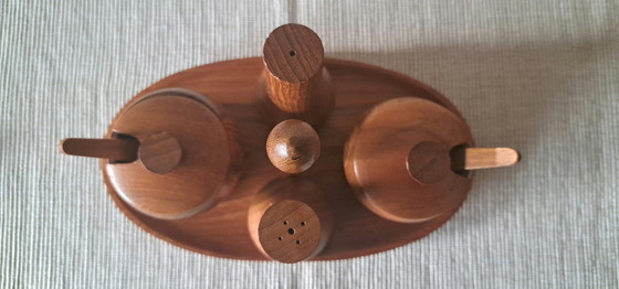 Image 1 of Mid-Century Teak Spice & Sugar Set – 6 Pieces – Vintage