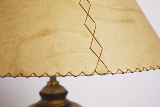 Image 1 of Vintage Italian Neoclassical Urn Table Lamp Faux Marble Stone Ceramic Lamp Parchment Shade Organic Modern Mediterranean Lighting