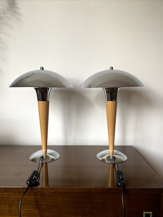 Image 1 of 2x Mid - Century Massive Chrome Mushroom Table Lamp Desk Lamp
