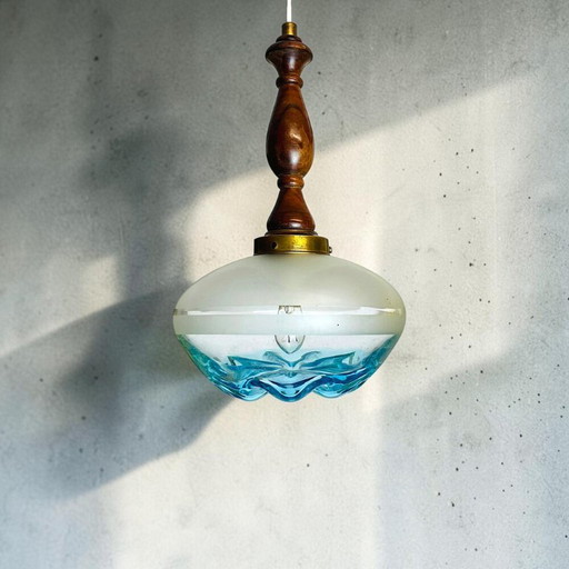 Mid-Century-Modern-Pendelleuchte aus Teakholz und blauem Kunstglas, 1960er Jahre – hanglampen, Wood