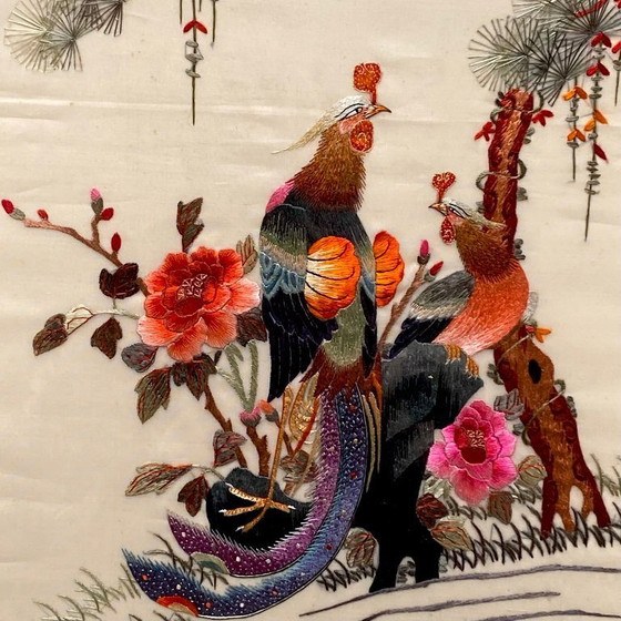 Image 1 of Antique Asian Embroidery Painting of a Black Grouse and Bird