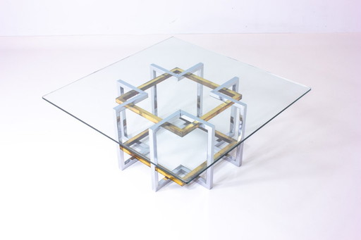 Tavolino da caffè geometrico in ottone e cromo