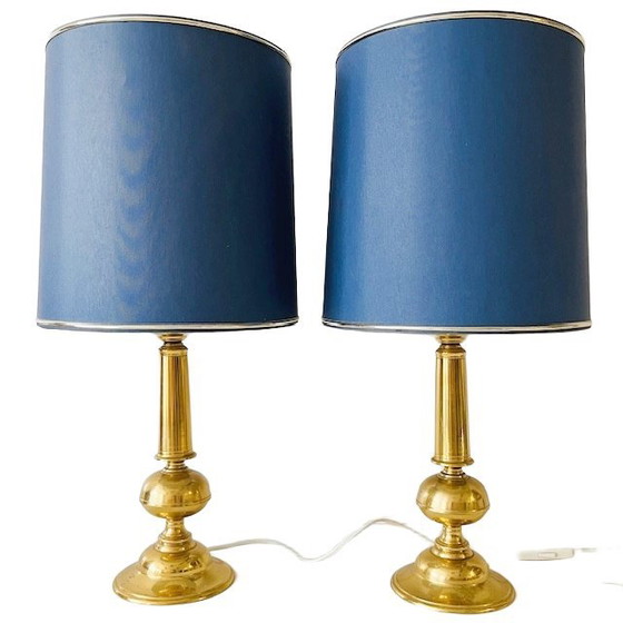 Image 1 of Mid-century paar messing tafellampen goud blauw Hollywood Regency 1950's
