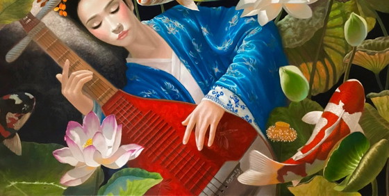 Original Oil Painting Surrealism Japanese Motif Thoughts for a Girl – Paintings & Drawings, Canvas (photo 8 of 8)