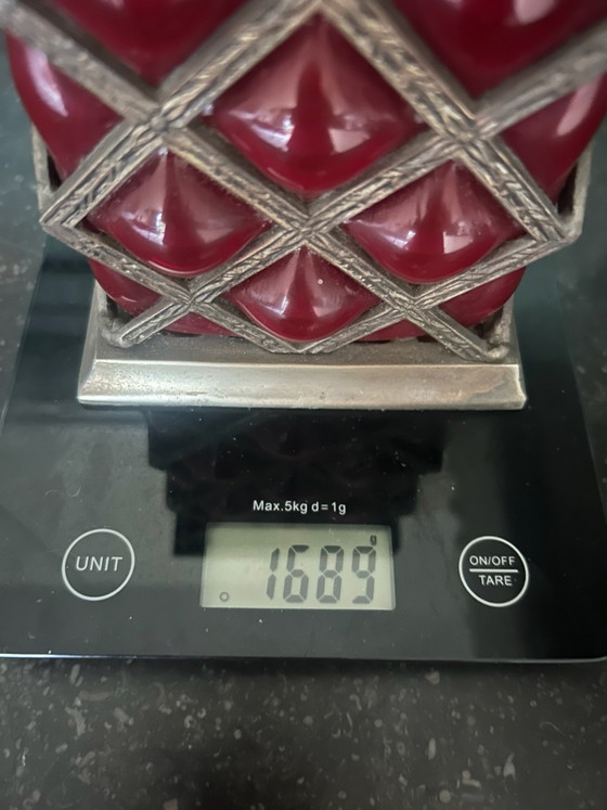 Vintage Ruby Red Caged Bubble Glass Apothecary Jar – Dekselpot – India 1970s – Decoratieve objecten, Metaal (photo 6 of 6)