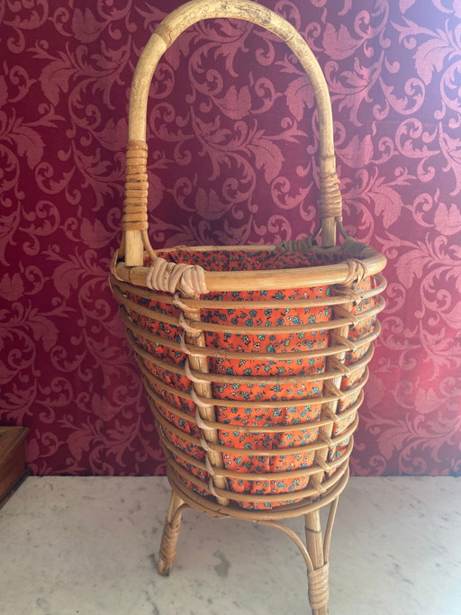 Grande boîte à couture en rotin, doublure florale d'origine, années 1960-1970 – decoratieve objecten, Textile, Rattan