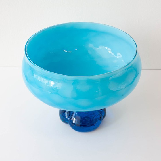 Vintage jaren 60 Portugese blauwe glazen schaal met voet – Tafelaccessoires, Glass (photo 3 of 10)