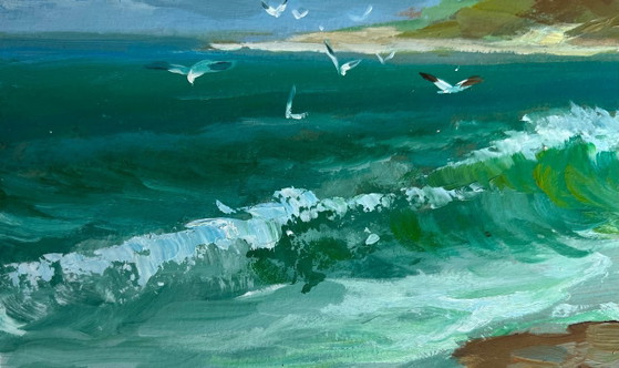 Image 1 of Peinture à l'huile originale Paysage côtier d'été Fraîcheur marine