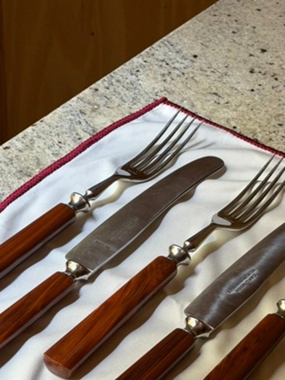 Vintage Carl Voos Solingen German Flatware Set - 12 Piece MCM Knife And Fork Set - Rostfrei Stainless Steel (photo 6 of 32)