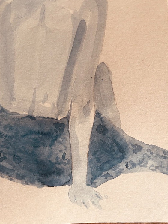 Image 1 of Indigo blue watercolor painting of a woman from behind, wearing a fouta towel, in a hammam.