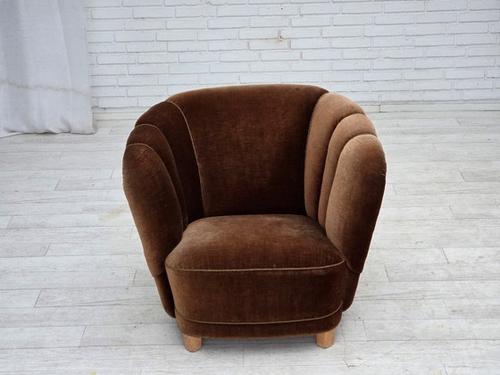 Image 1 of Anni '60, sedia curva danese, rivestimento in velluto marrone.